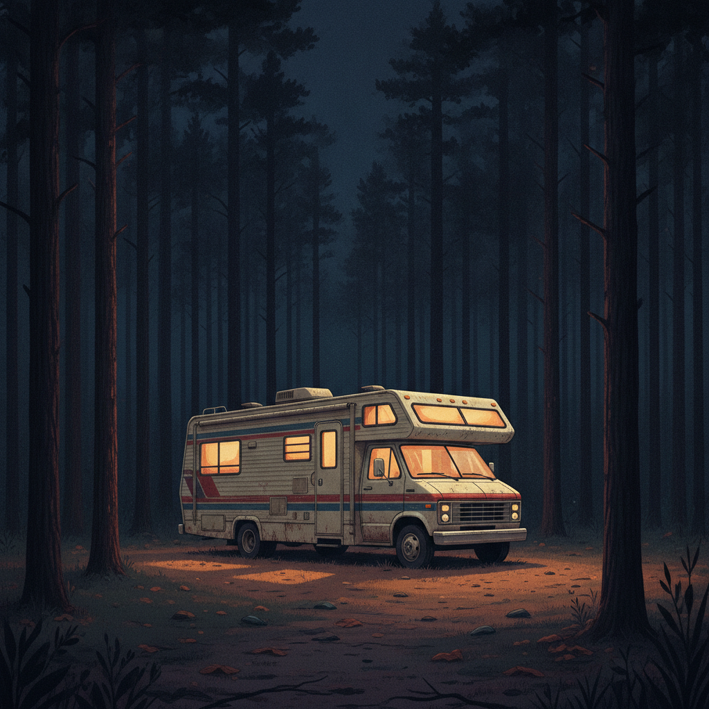 Vintage Class C motorhome glowing with warm interior light at a dark forest campsite, seen from a distance.