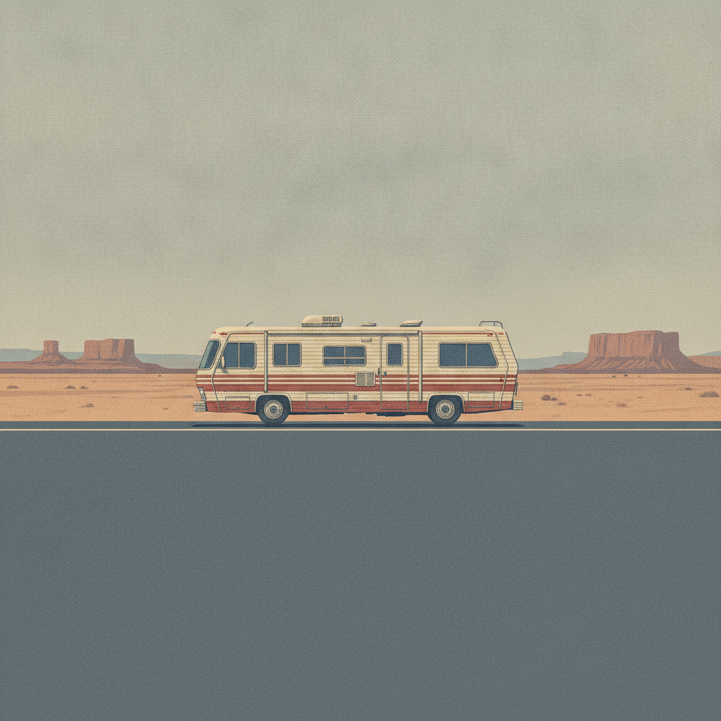 A vintage motorhome in profile on an open desert highway with distant mesas at midday.