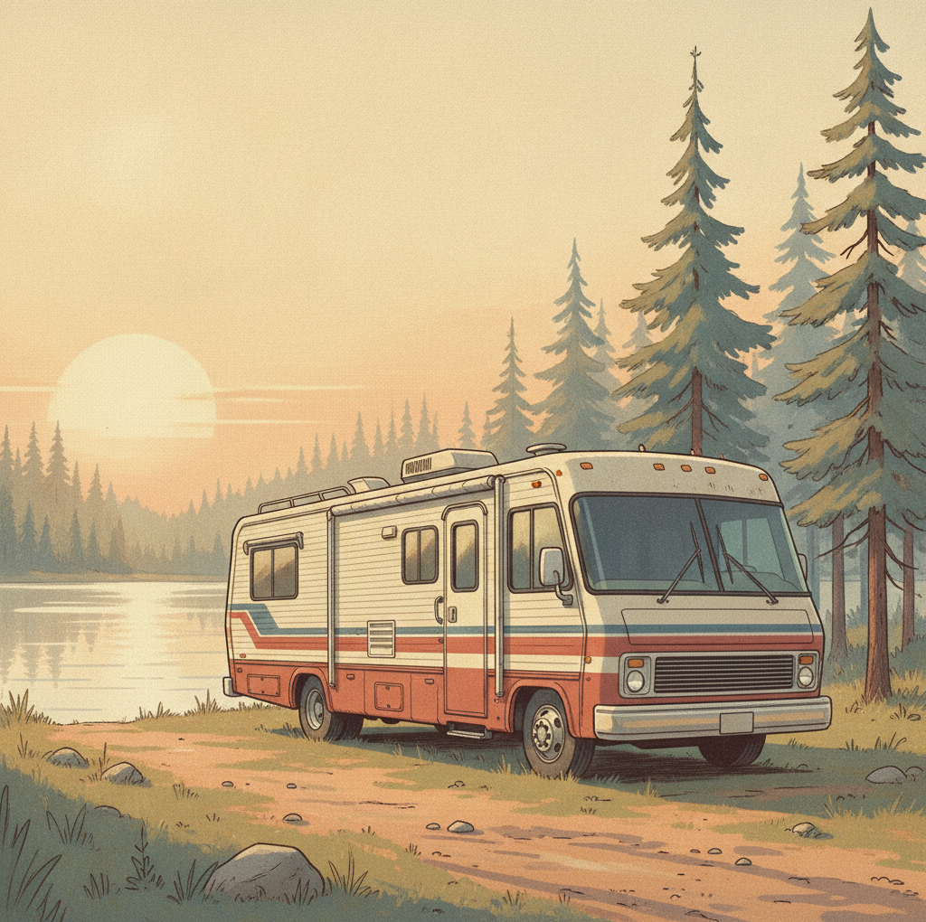 A vintage Class A motorhome parked at a quiet lakeside campsite at golden hour.